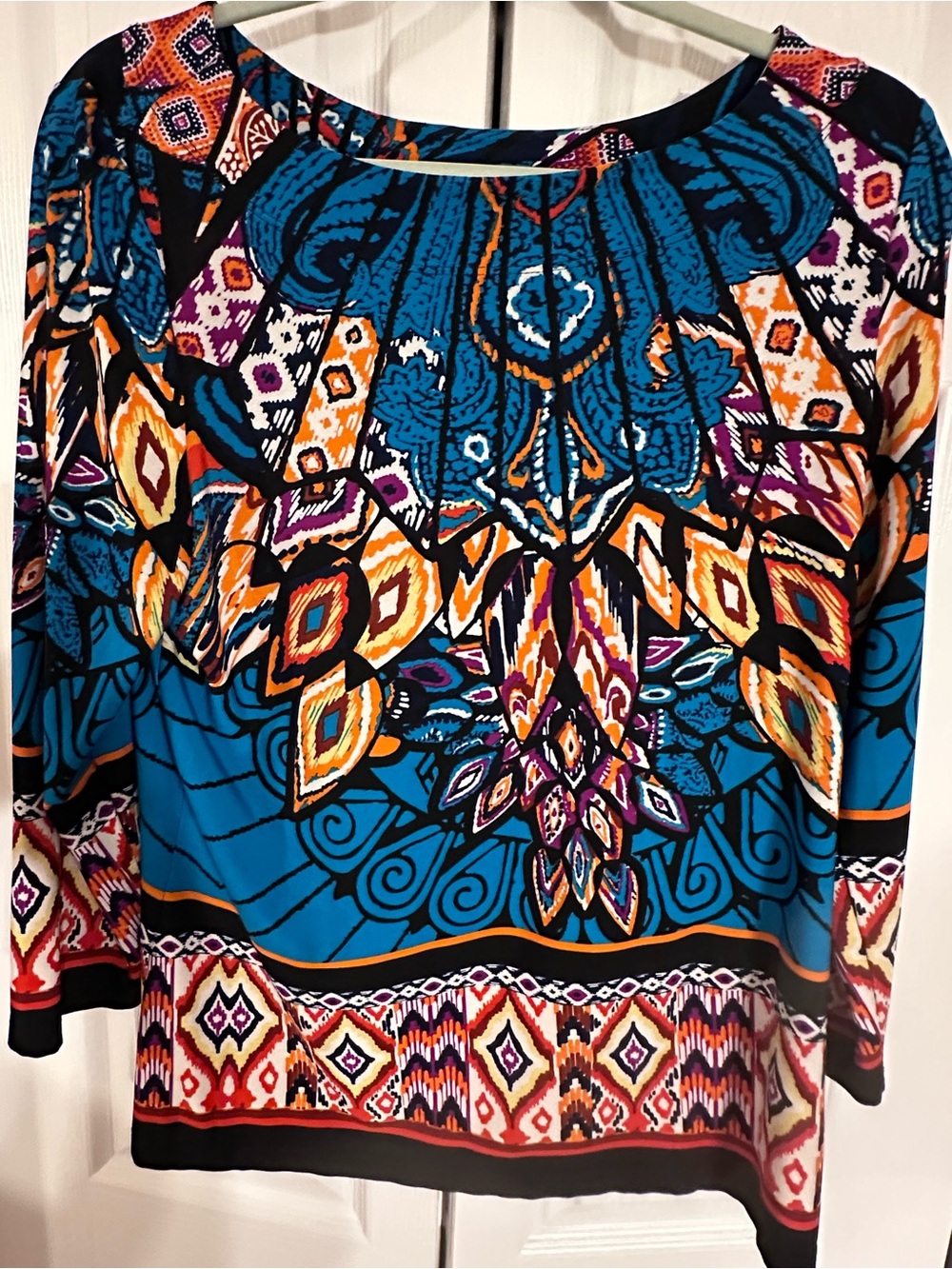 Investments Women's Teal Blue Multicolor Printed Blouse Size L